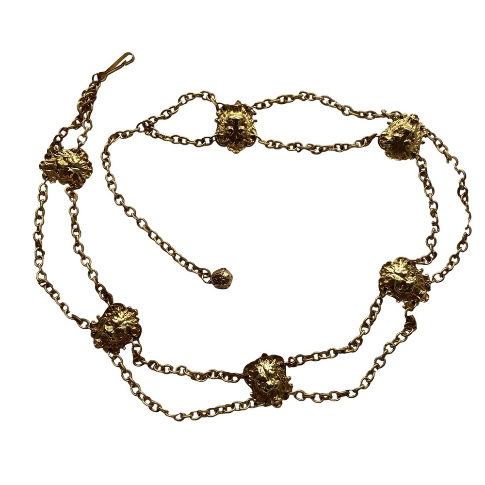 Vintage Lion Head Chain Belt Women Gold Double Strand Statement Party Festival